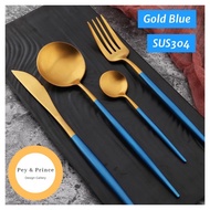 READY STOCK PREMIUM BLUE GOLD CUTLERY SUDU EMAS BIRU FINE DINING Gold Spoon Fork