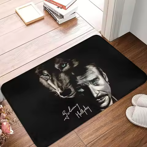 Johnny Hallyday And Wolf Front Door Mat Anti-Slip Quick Dry France Singer Rock Star Doormat Kitchen 