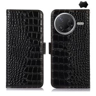 全城熱賣 - 適用於小米 Poco F7 Pro 側吸頭層牛皮雙色鱷魚紋手機皮套（黑色）