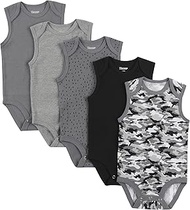 baby-girls Baby Bodysuits, Ultimate Baby Flexy Bodysuits, Infant Sleeveless Bodysuit, 5-pack, Black Stripe Camo Set, 0-6M