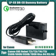 QC3.0 LP-E8 LPE8 Dummy Battery DR-E8 DC Coupler &amp; Power Bank USB Cable for Canon EOS 550D 600D 650D 700D Rebel T2i T3i T4i T5i Kiss X4 X5 X6 X6i X7i