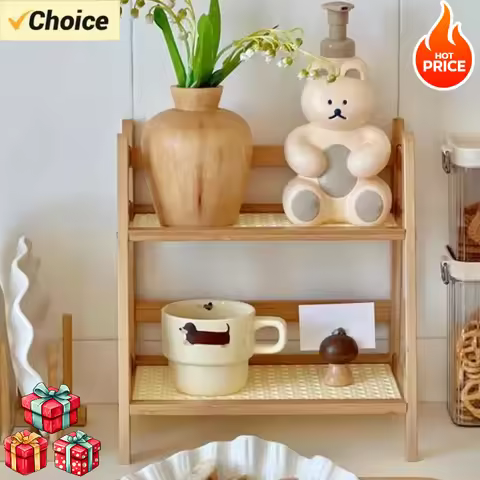 2-Tier Cream Style Ladder Storage Shelf, Rattan-Like Desktop Organizer for Kitchen Bathroom Makeup R
