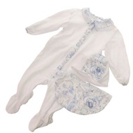 近新 Dior Baby Toile de Jouy 連身衣、圍兜和帽子套裝（純棉，白色和藍色，0369）[二手] Dior