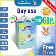 [Free 3 Pcs] Company Love Daily-use Diapers Lampin Bayi Leak-proof Size - NB68/S44/M42/L40/XL38/XXL3