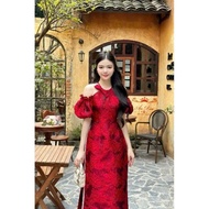 [hair tie gift] modern brocade ao dai with 3-color silk pants red, pink, yellow ao dai Clear shoulde