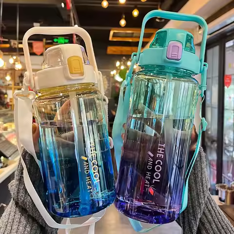 1.5/2 Liter Water Bottle Portable Plastic Sports Bottle With Straw Strap Large Tumbler Gym Travel Ju