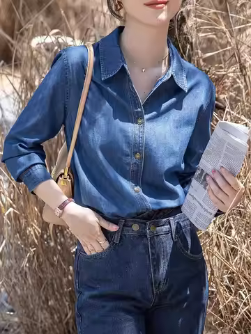 Spring and Autumn Deep Blue Soft Denim Shirt Women's Top Small Size Shoulder Corrector Layering Base