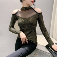 Yimei Áo sequin đẹp áo thun nữ lấp lánh áo sơ mi mặc trong thời trang hở vai 2023 mùa thu mới