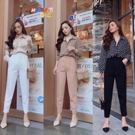 Women High-waisted Baggy trousers 1 buttons covered for Office Black Brown Ulzzang - MX