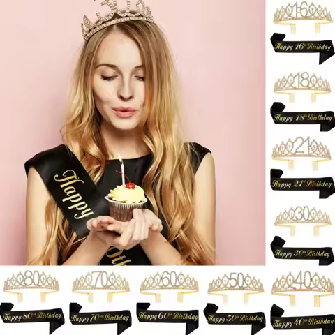 Happy Birthday Decoration Favor Gifts Tiara Crown Sash Women Girls 16Th 18Th 21th 30Th 40Th 50Th 60T