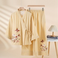 Solid Color Lyocell Cotton Linen Chinese Style Womens Pajamas Autumn Thin Long-sleeved Embroidered H