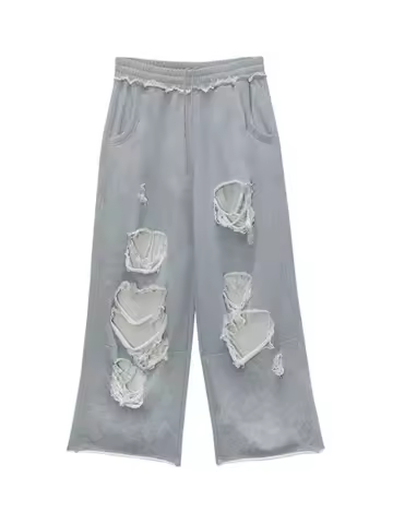 Deeptown Gray Distressed Joggers Women Baggy Hip Hop Style Holes Sweatpants Grunge Oversized Gyaru S