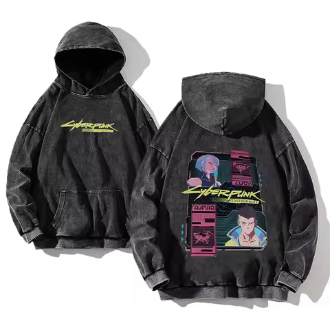 Anime Cyberpunk: Edgerunners Washed Hoodies Printed Casual Men Contains Cotton High Quality Fashion 