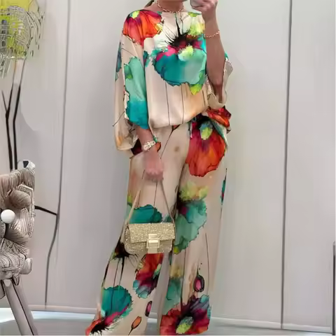 Fashion Printed Seven Point Sleeve Loose Women's Suit Spring Autumn New Simple Elegant Wide-leg Pant