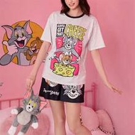 Tom & Jerry Collaboration Women's Short Sleeve 2 Pieces Set, Cute & Sweet Girl Power Casual Outfit