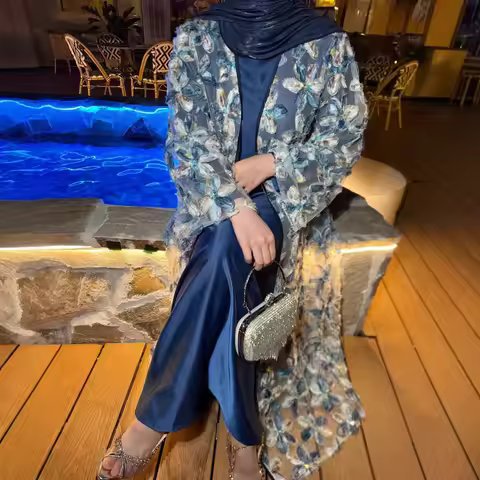 2PCS EID Kimono Middle East Netted Pearls Modest Gorgeous Embroidery Abaya Suit French Sequined 3D T