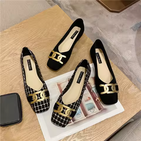 Flat Shoes Women's Square Toe New Spring Summer Fashion Shallow Metal Buckle Plaid Suede Ladies Shoe