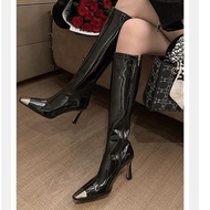 New women's boots patent leather elegant boots metal square toe heels stiletto heels