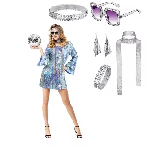 Halloween 70s Women Disco Dress Hippie Costumes Necklace Earrings Glasses, 60's Birthday Outfits, 19