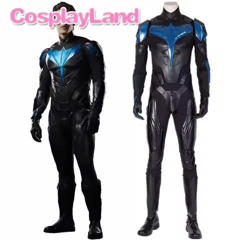 Titans Nightwing Dick Grayson Costume Halloween Cosplay Superhero Jumpsuit Black Armor Mask Adult Me