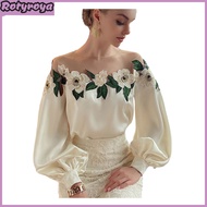 Womens Satin Embroidered Gauze Shirt Top Long Sleeve Breathable Polyester Stylish Comfortable Blouse