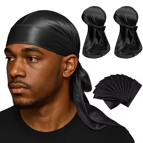 Black Silky Durag with Long Tail Silk Doo Rags for Hip Hop Rapper,360 540 720 Waves Turban Durag Men