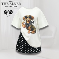 Thealner-AN354 (White T-Shirt Set Short Sleeves Dog Pattern Tie Fabric + Black Polka Dot Skirt)