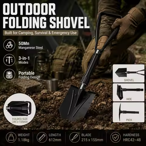 Outdoor Folding Shovel 50Mn Manganese Steel Camping Shovel 3in1 Tactical Spade Portable Entrenching 