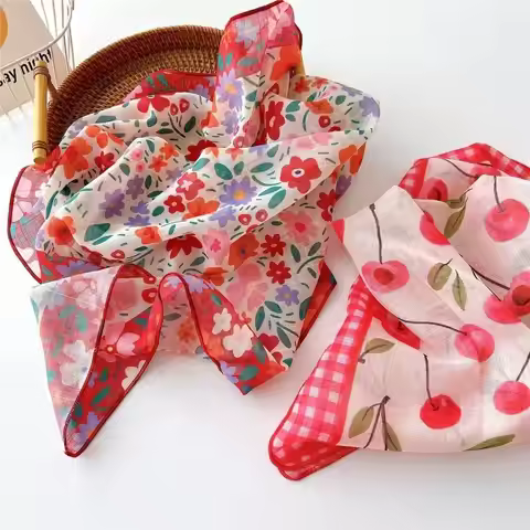 58x58cm Floral Cherry Print Square Scarf Thin Neck Scarf Casual Sunscreen Headscarf For Women Korean