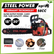 Steel Power Heavy Duty Germany 58cc / 3.2HP Chainsaw Kebun / Chain Saw / Mesin Gergaji One Hand Saw 