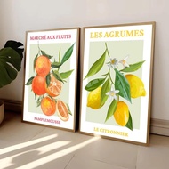Lukisan kanvas pasaran buah: oren, persik, limau, pir, ceri cetak poster untuk hiasan rumah dapur