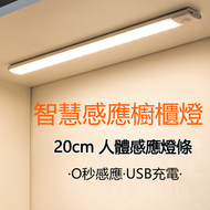 A8-【20cm】LED智能人體感應燈 磁吸衣櫃感應燈 可調節光度 附磁貼USB充電式  過道長條衣櫃燈廚房櫥櫃燈小夜燈 強力吸附 人體感應燈條 智慧led燈 三色變光 長型- 白色
