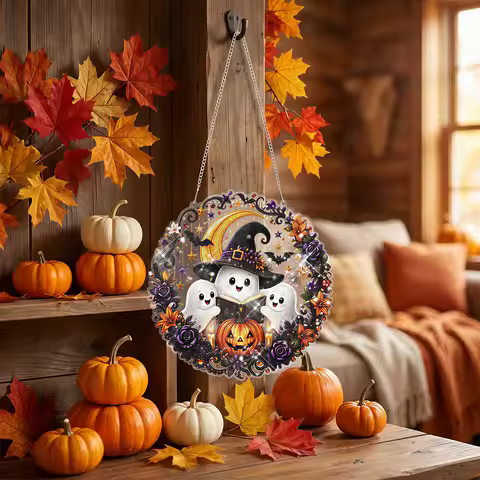 2Pc Halloween Black Cat Diamond Art Hanging Ornament Kit DIY Double Sided Diamond Drawing Craft Kit 