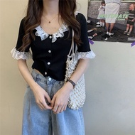 New Korean version lace stitching V-neck thin ice knit cardigan top mesh red short sleeved T-shirt for women