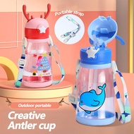 600ml/20.29oz, One-Click Open Lid Children's Antlers Straw Cup | Food Grade PP Material Leak-Proof D