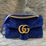 GUCCI 443496 MARMONT  藍色 絨布 金釦 金鍊 肩背包 斜背包 學院包 相機包