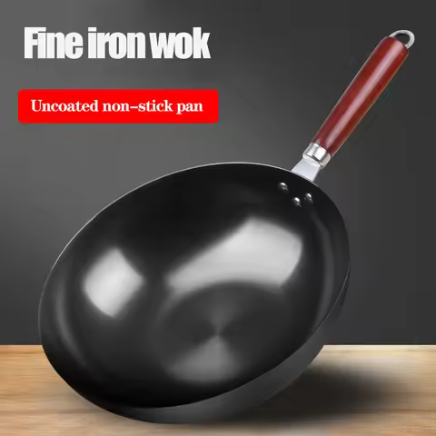Household Handmade iron Wok 28cm/30cm/32cm/34cm Non-coating Non-stick Pan Frying Pan Gas and Inducti