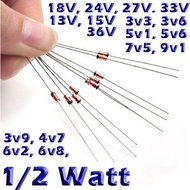 10pcs Zener Diode 0.5 Watt Diode 3.3V 3.6V 5.1V 12V 13V 18V 24V 33V 36V Zener DiodeVOLT 1/2W 1N5231