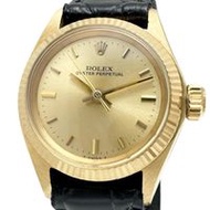 二手ROLEX6619 蠔式恆動女錶，18K 黃金錶殼，皮革錶帶，自動上鍊機芯，金色錶盤，黑色皮錶帶（非原廠）