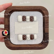 Miffy rabbit fake nails mixed with choco brown color and super cute polka dot patterns for girls Mif