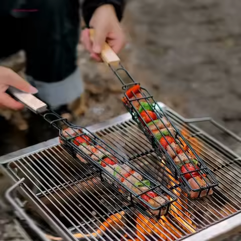3pcs Portable BBQ Grilling Basket Stainless Steel Nonstick Barbecue Grill Basket Grill Mesh for Meat