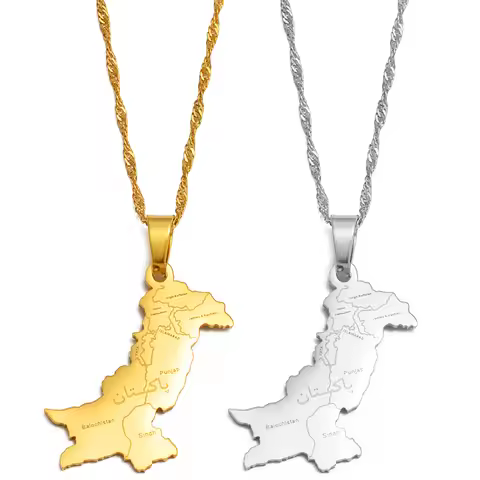 Anniyo Pakistan Map With Urdu Pendant Necklaces Pakistani Ethnic Jewelry for Gold Color Silver Color