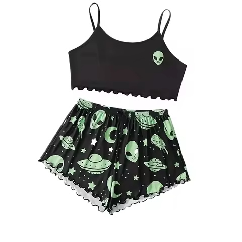 Summer Sleepwear Women Pajamas Set Alien Pattern Printed Sports Camisole Tops and Shorts Casual Loun