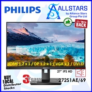 Phlips 272S1AE 27 inch IPS Monitor / Full HD, 1920x1080, 75Hz, DP+HDMI+DVI+VGA, Audio In (Warranty 3