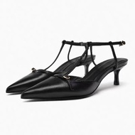 Zara2023 Autumn New Style Women's Shoes Black Instep Strap Leather Pointed Stiletto High Heel Fashion Sandals Muller Shoes