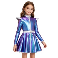 inlzdz Girls Halloween Alien Costume Long Sleeves Zip Up A-line Dress with Belt Shiny Metallic Outer