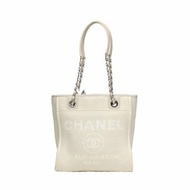 CHANEL 沙灘包購物包小號米色帆布晶片開銀扣