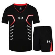 UA安德瑪運動套裝 兩件套V領短袖T恤+五分短褲 速幹材質 籃球 足球 休閒套裝 透氣排汗 戶外健身 慢跑 寬鬆 加大碼