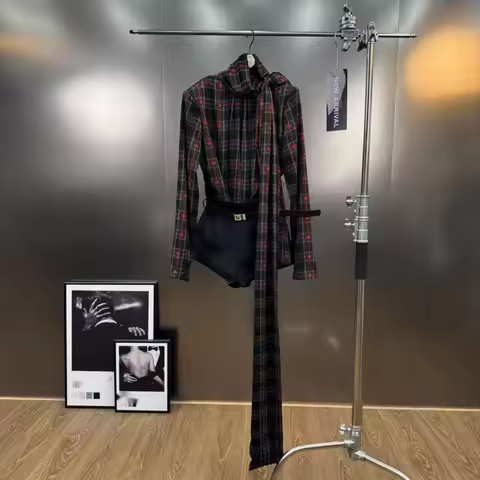 PREPOMP 2025 Autumn New Arrival Long Sleeve Red Plaid Bandgae Shirt High Waist Shorts Belt Two Piece