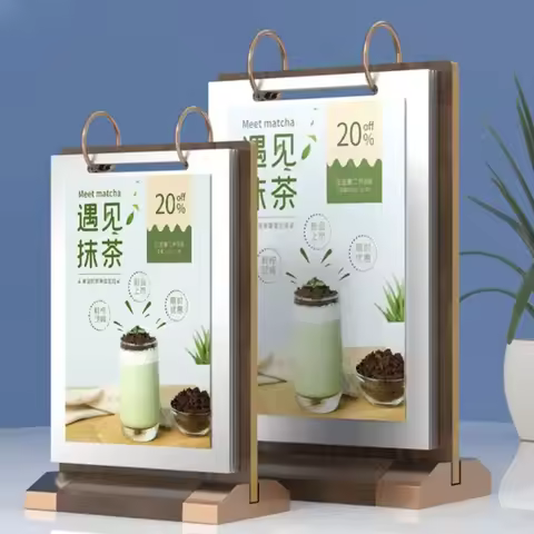 A4 PVC Wood Base Page-turning Tabletop Card Sign Menu Holder Stand Restaurant Cafe Menu Price Listin